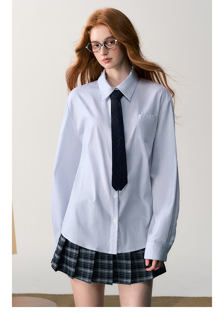 Embroidered Pocket Relaxed Stripe Shirt With Tie