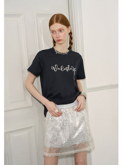 Sequin Short Skirt With Lustrous Silver Lining