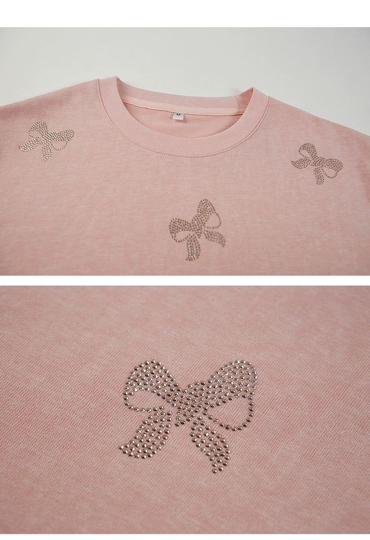 Comfortable Round Neck T-Shirt With Rhinestone Bows