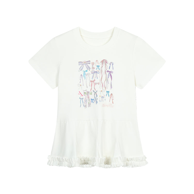 Illustrated Bows Print Frilled Hem T-Shirt