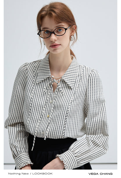 Tie Neck Frill Cuff Contrast Striped Blouse