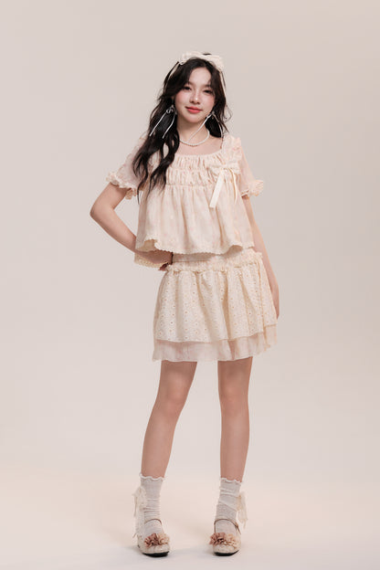 Floral Shirred Blouse And Short Eyelet Lace Skirt