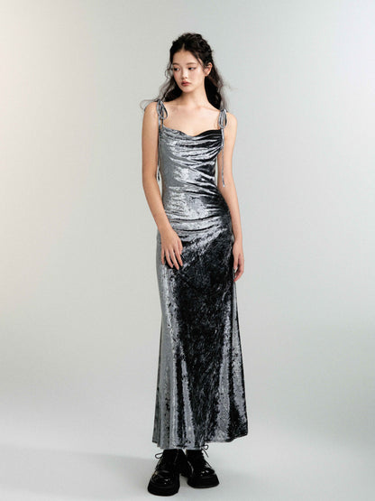 Velvet Flowing Open Back Evening Strap Dress