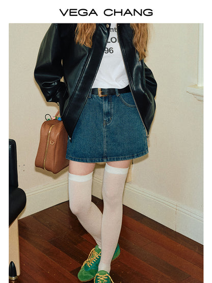 High Waisted Slim Fit Washed Denim Short Skirt