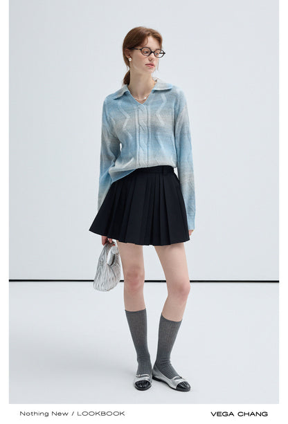 Wool Blend Gradient Color Polo Collar Sweater