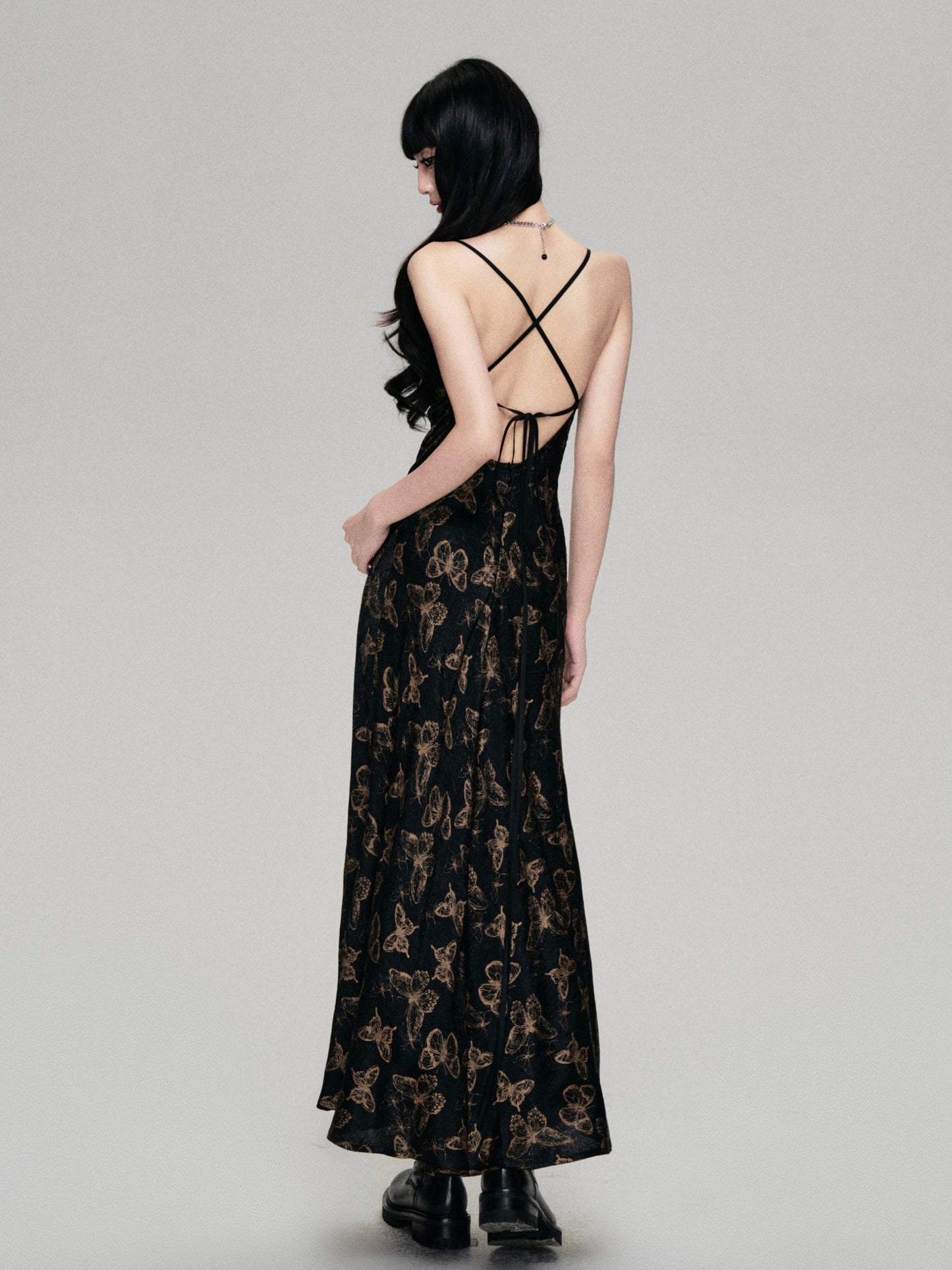 Gold-Stamped Butterfly Long Open Back Cami Dress