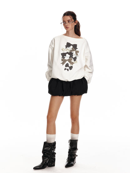 Two Way Bow Print Oversized Cotton Sweatshirt