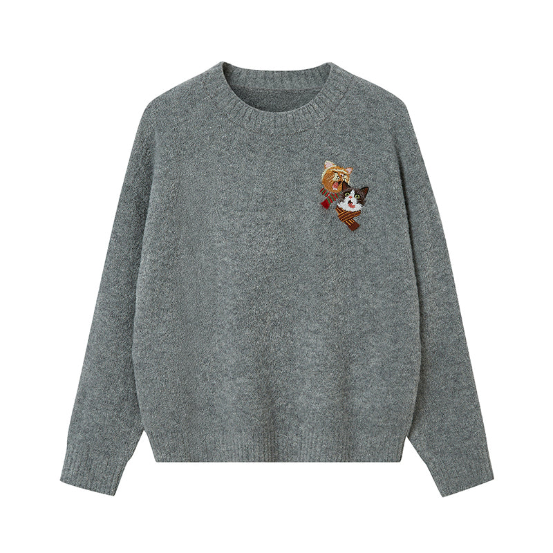 Playful Cats Embroidery Soft Sweater