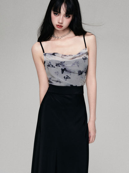 High Waist Butterfly Print Camisole Long Dress