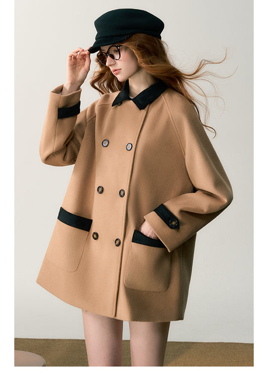 Wool Blend Double-Breasted Contrast Panel Coat