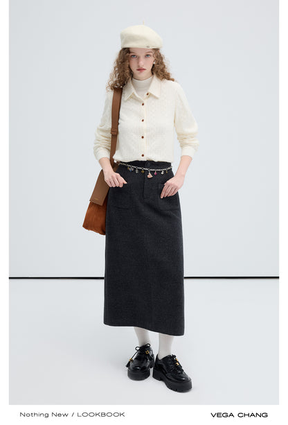 Wool Blend High Waist Pocketed Straight Long Skirt