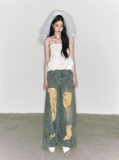 Vintage Style Distressed Shredded Wide Leg Jeans