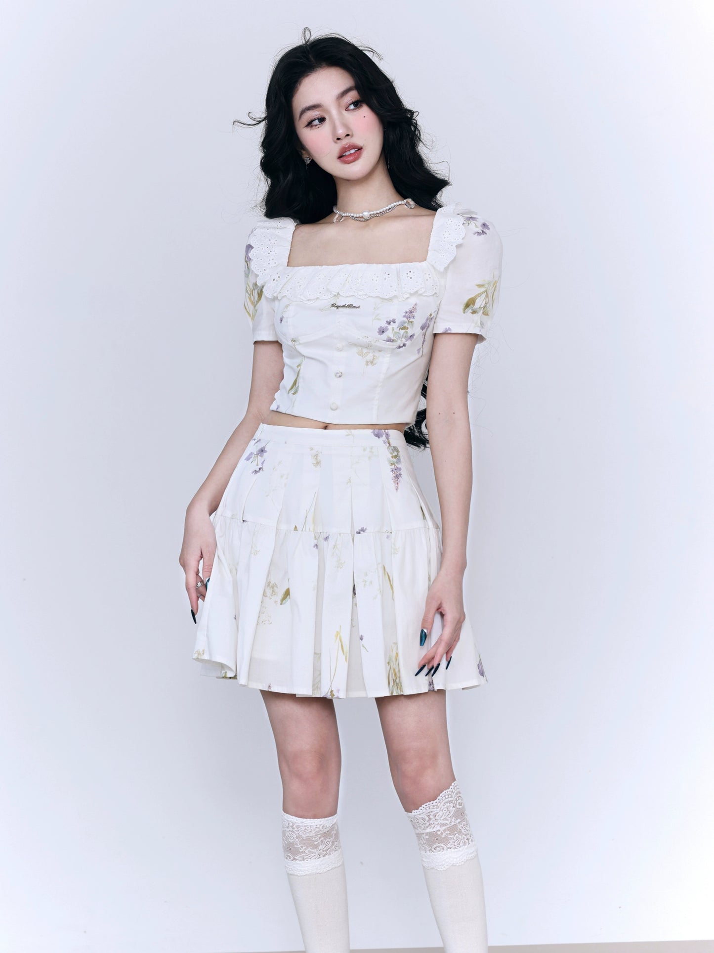 Floral Puff Sleeve Top And Matching Pleated Short Skirt