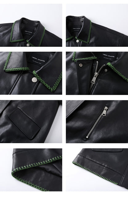 Stitched Collar Faux Leather Moto Jacket