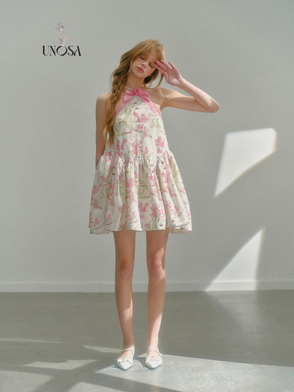 Flower Ribbon Cross Strap Floral Puffy Dress