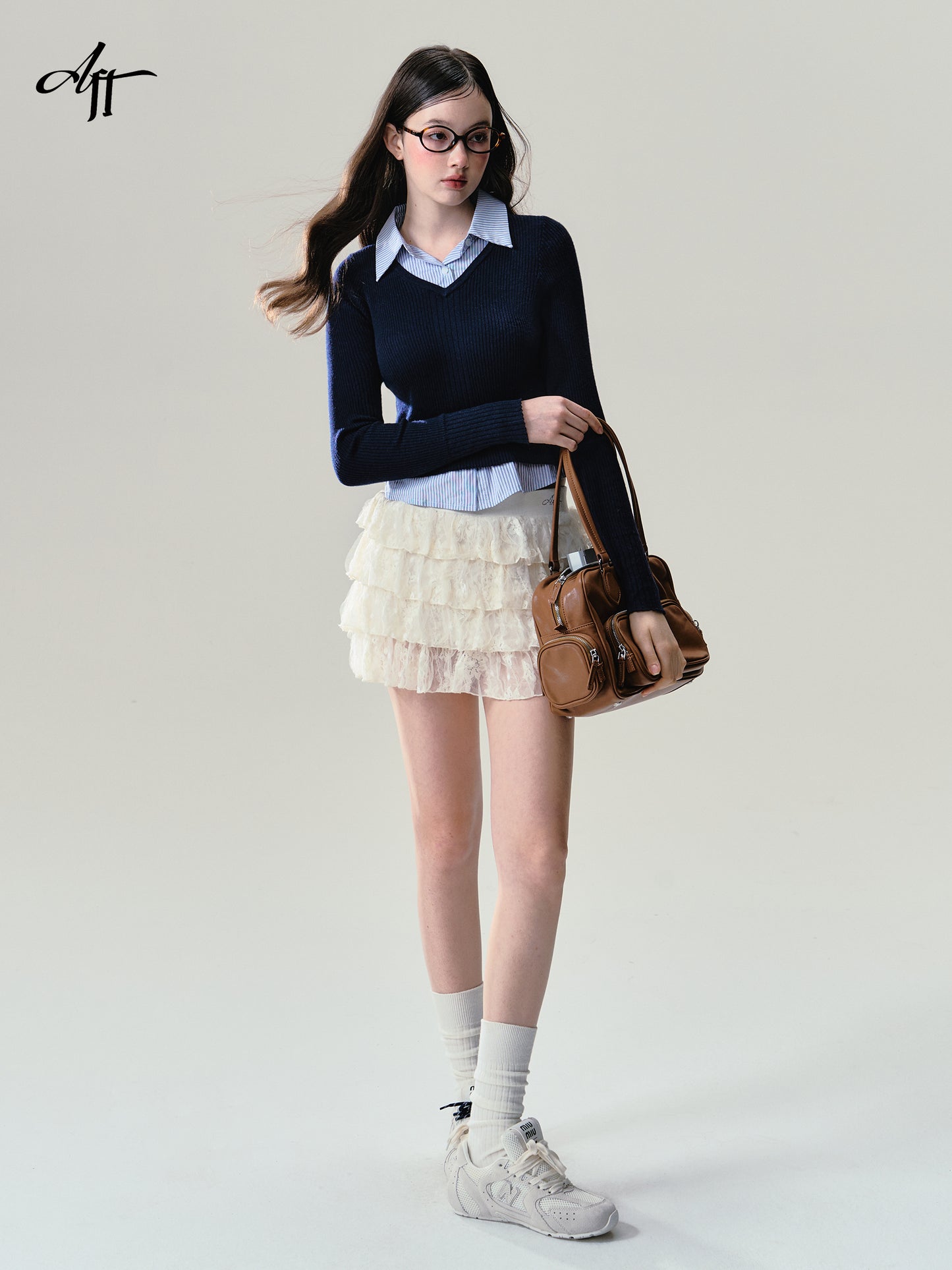 Layered V-Neck Rib Knit Top With Shirt Collar