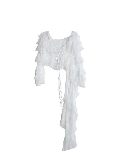 Asymmetric Hem Ruffled Sheer Lace Blouse