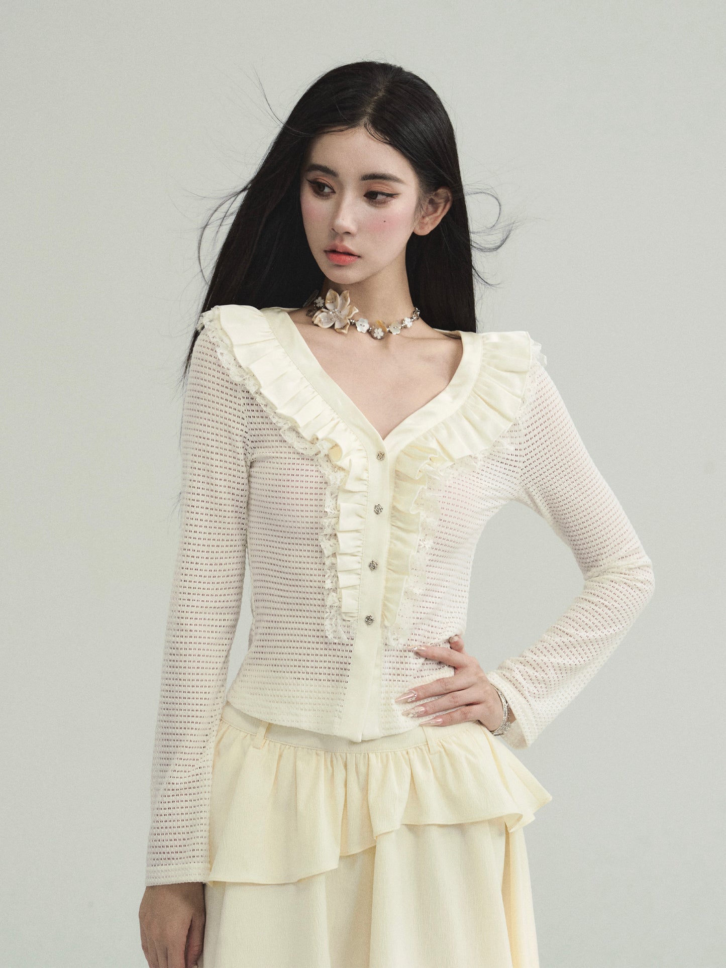 Slim Fit Ruffled Neck Mesh Knit Cardigan