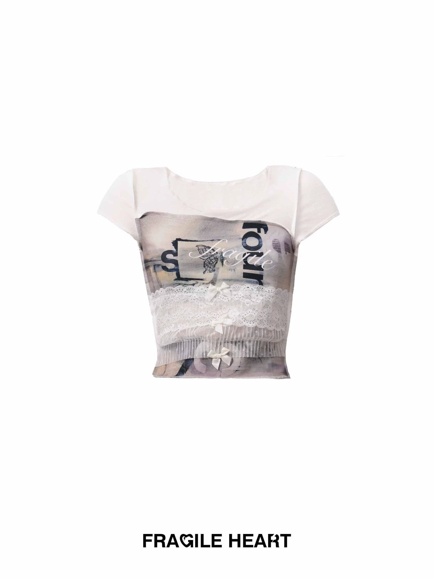 Printed Reverse-Seam T-Shirt With Lace And Bow Detail