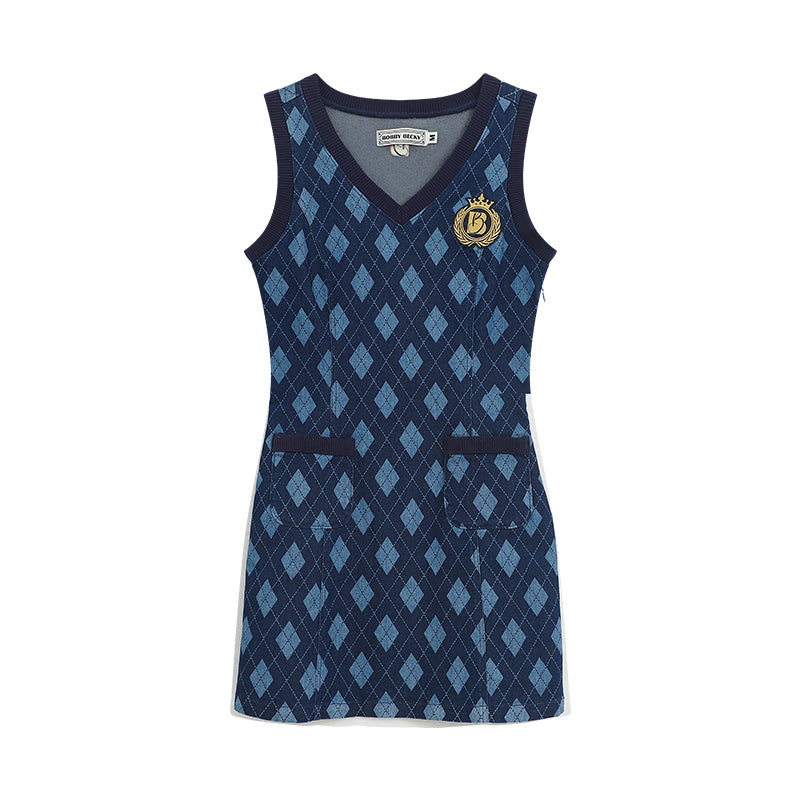 College Style Argyle Print Denim Vest Dress