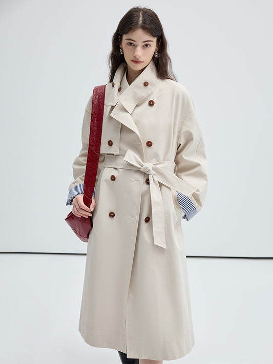 Striped Cuff Stand Collar Classic Trench