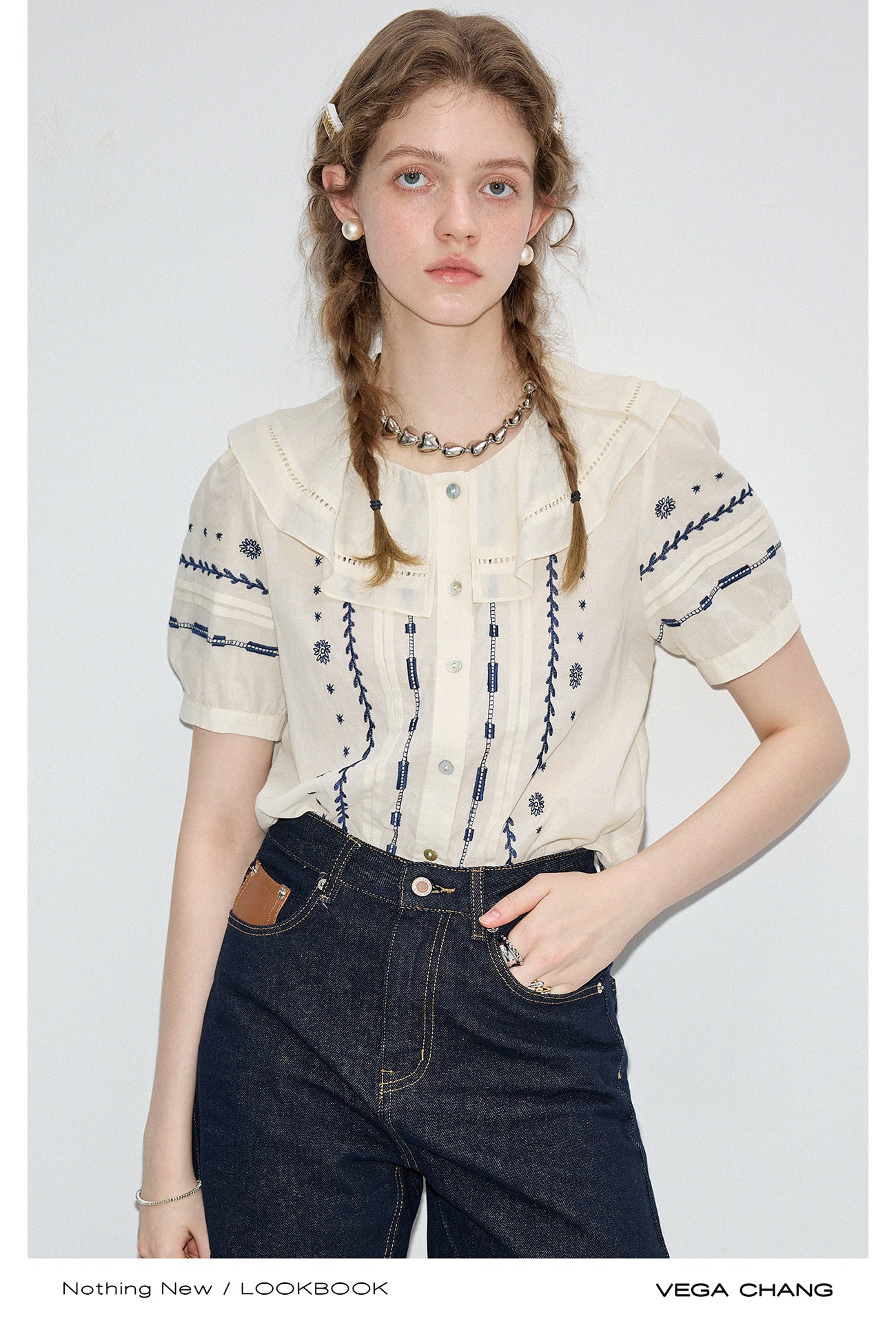 Embroidered Blouse And High Waist Denim Shorts