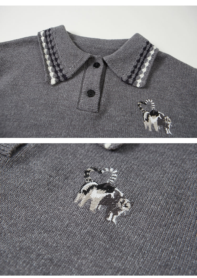 Cat Heart Embroidery Tipping Polo Knit Sweater