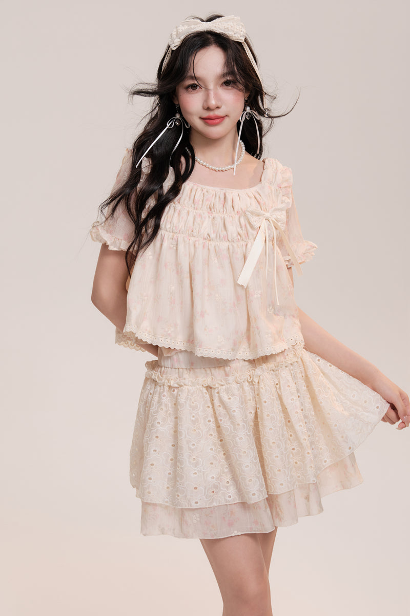 Floral Shirred Blouse And Short Eyelet Lace Skirt