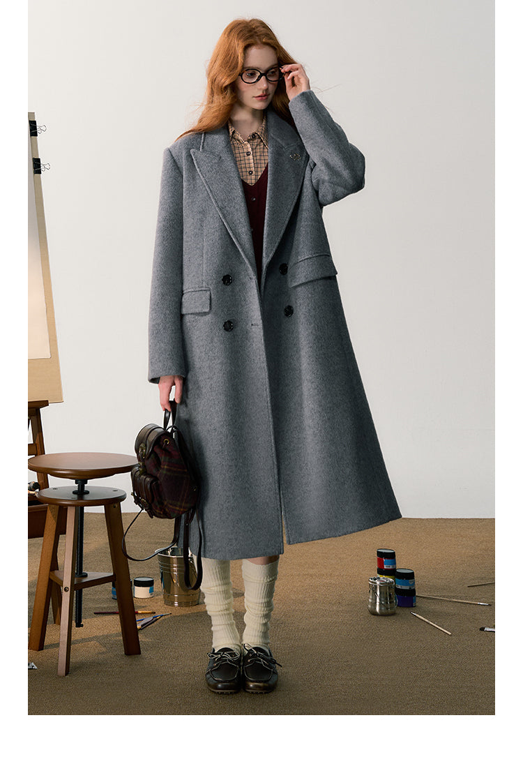 Classic Wool Blend Double-Breasted Coat With Charm