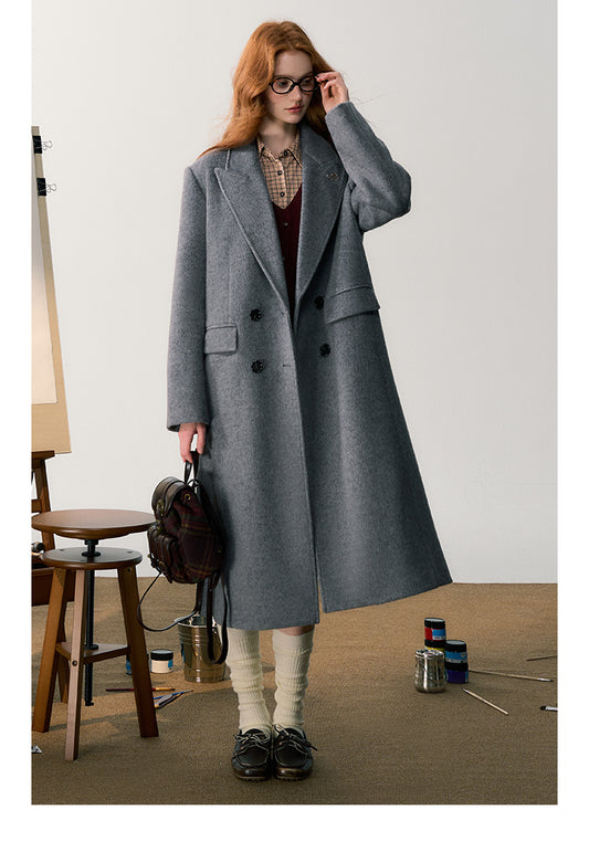 Classic Wool Blend Double-Breasted Coat With Charm