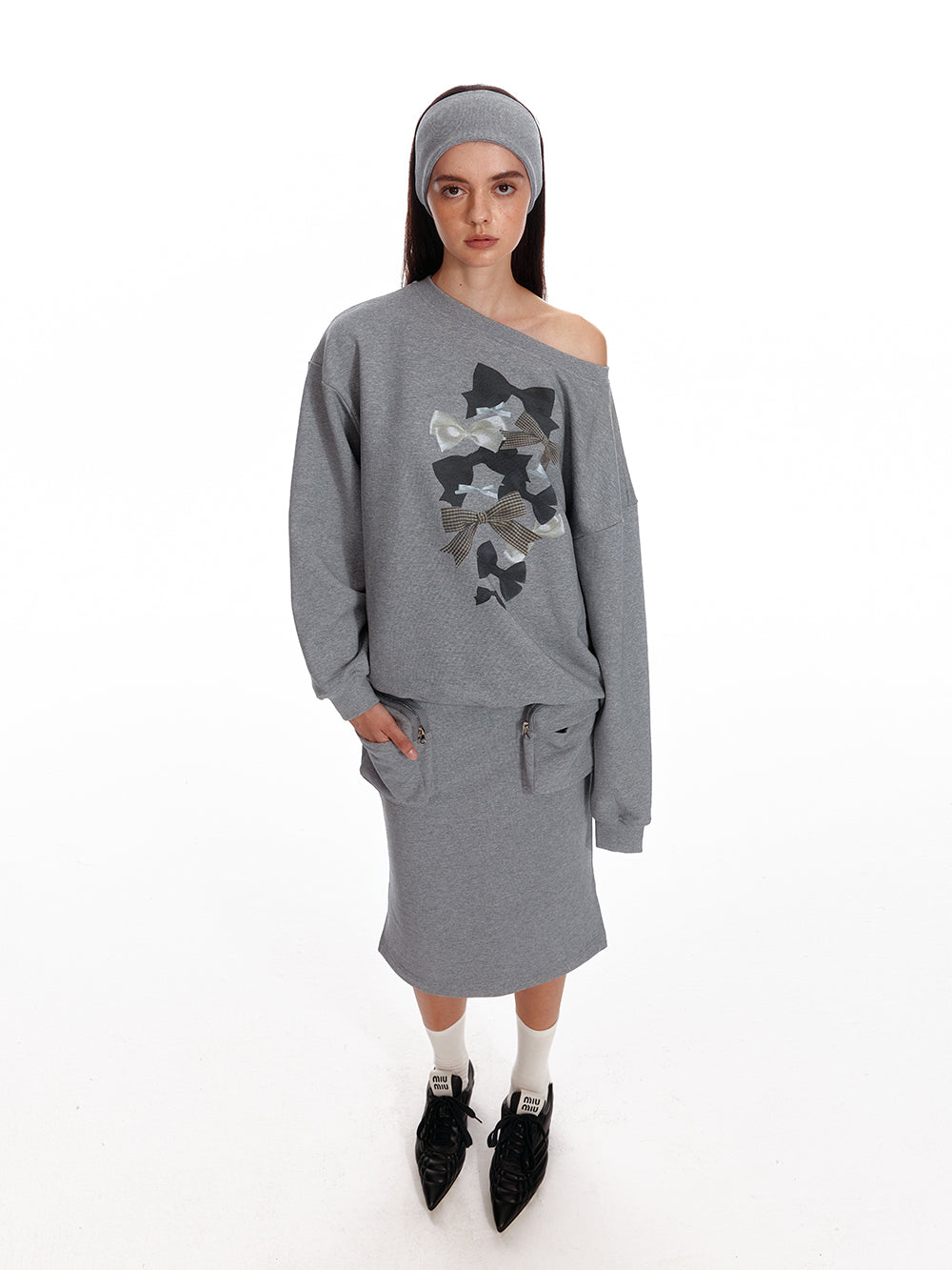 Two Way Bow Print Oversized Cotton Sweatshirt