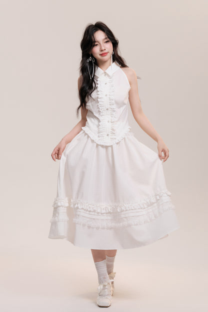 Sleeveless Frilled Lace Placket Round Hem Shirt