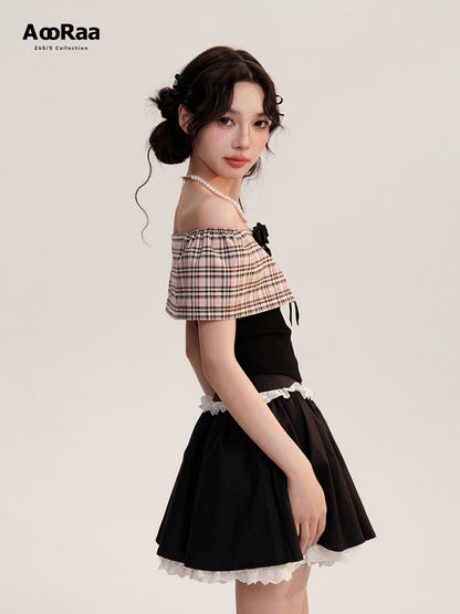 Plaid Off-Shoulder Rib Top And Frilled Zip Skirt