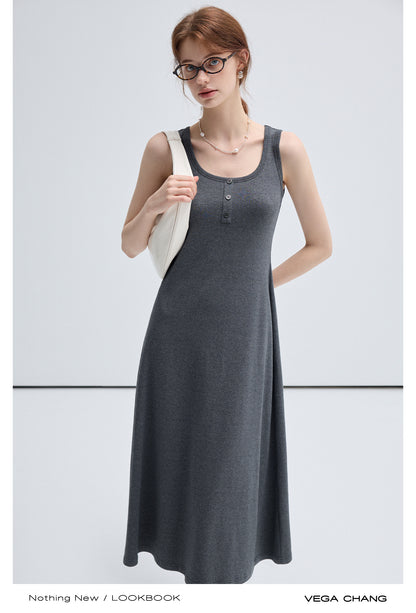 Simple Casual Henley Neck Sleeveless Long Dress