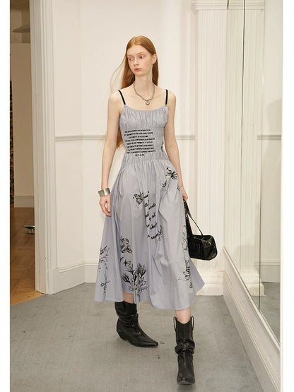 Gothic Print Flared Long Camisole Dress With Shirring