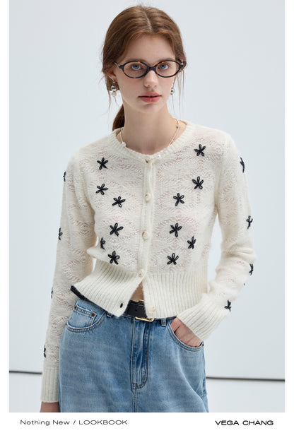 Flower Embroidered Ribbed Waist Wool Cardigan