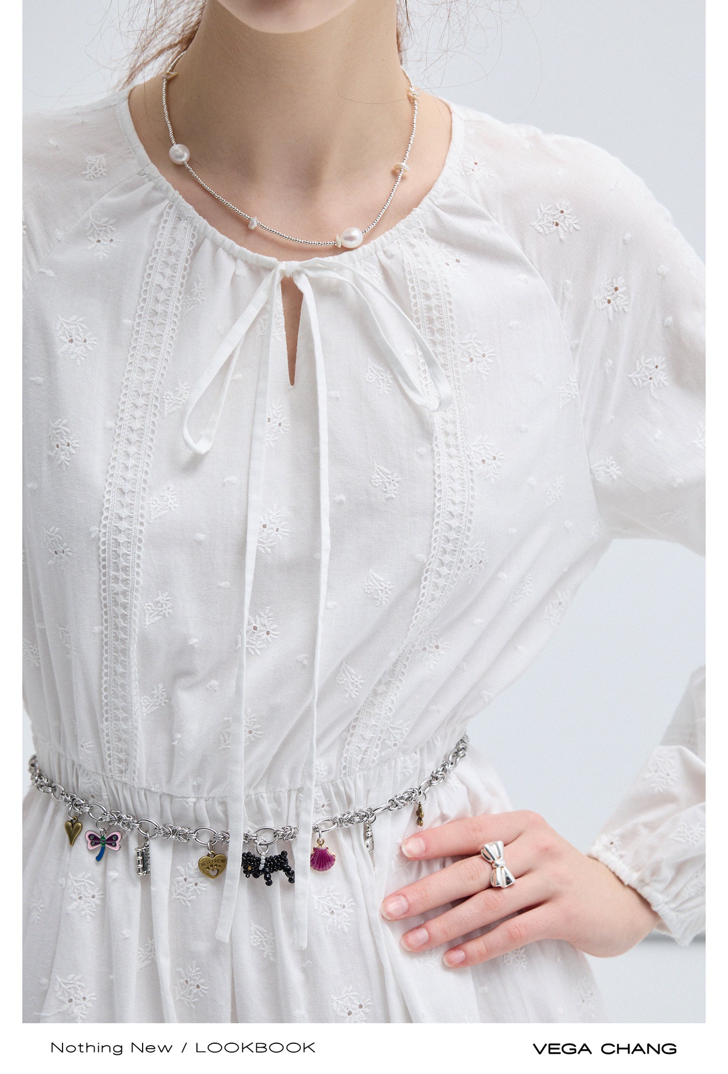 String Tie Neck Embroidery Long Tiered Smock Dress