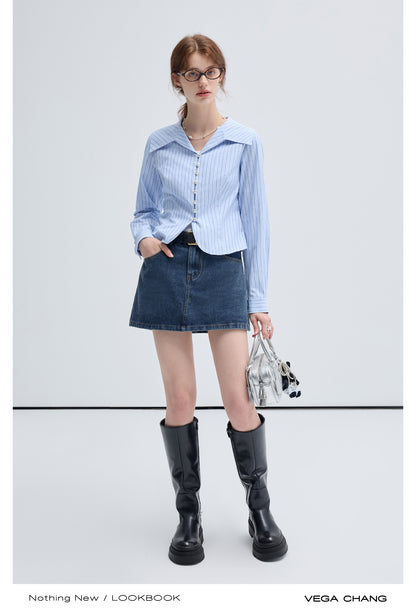 High Waisted Slim Fit Washed Denim Short Skirt