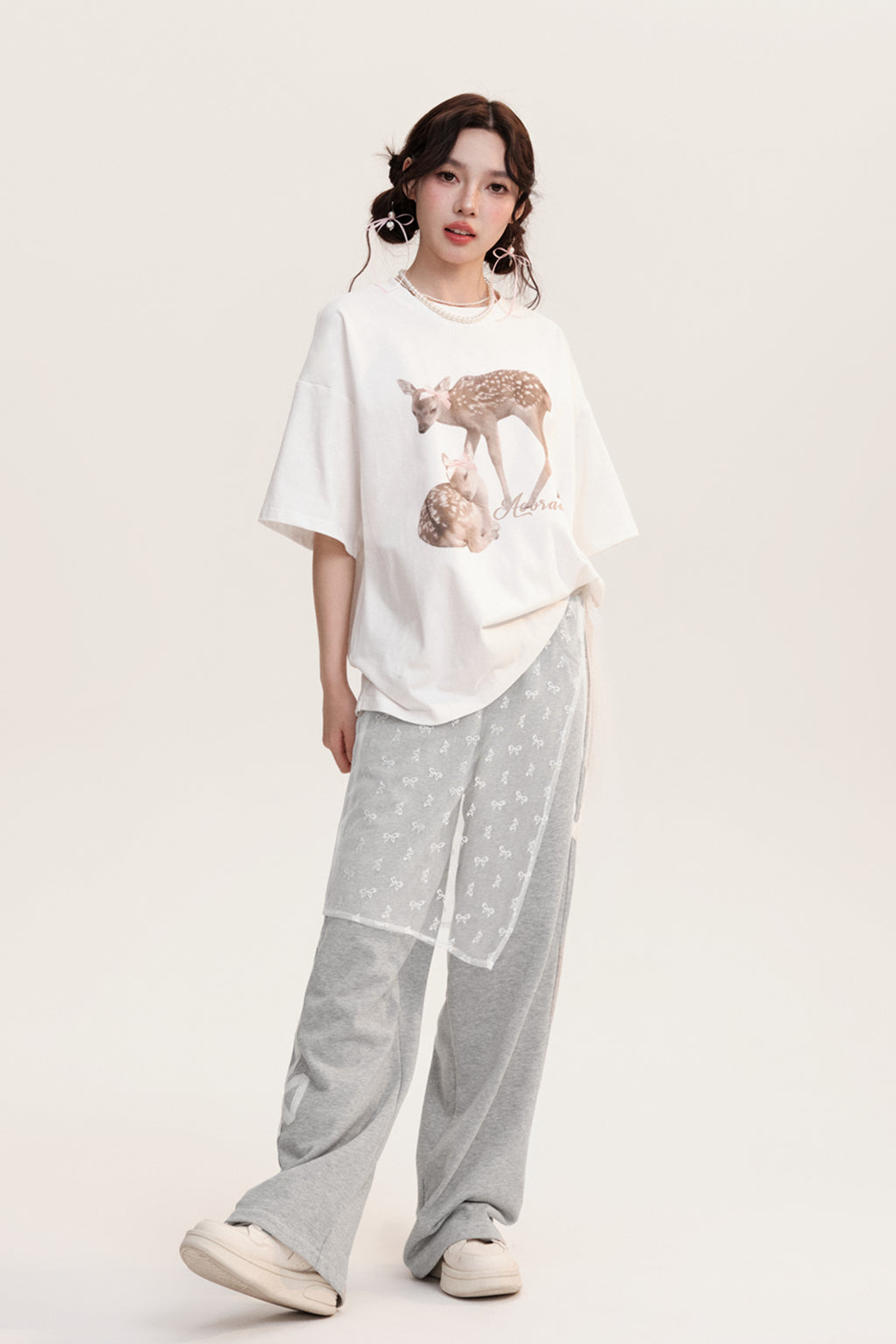 Oversized Deer Print Round Neck Cotton T-Shirt