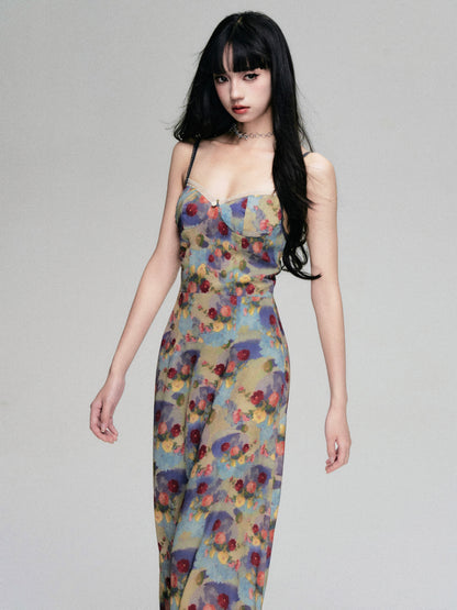 Oil Painting Style Floral Long Cami Dress