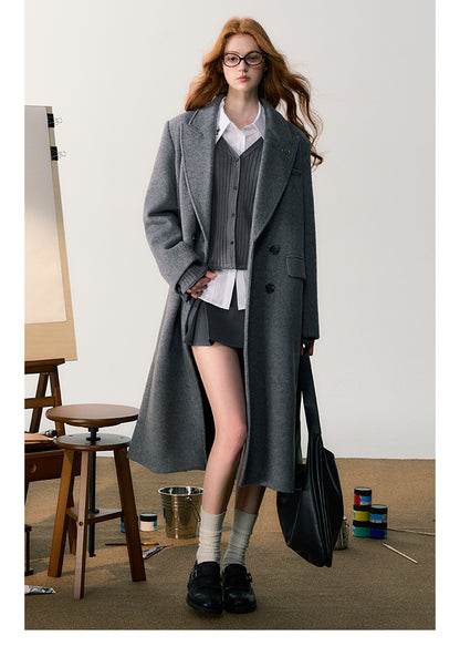 Classic Wool Blend Double-Breasted Coat With Charm