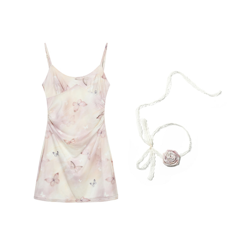 Butterfly Mesh Mini Cami Dress And Flower Necklace