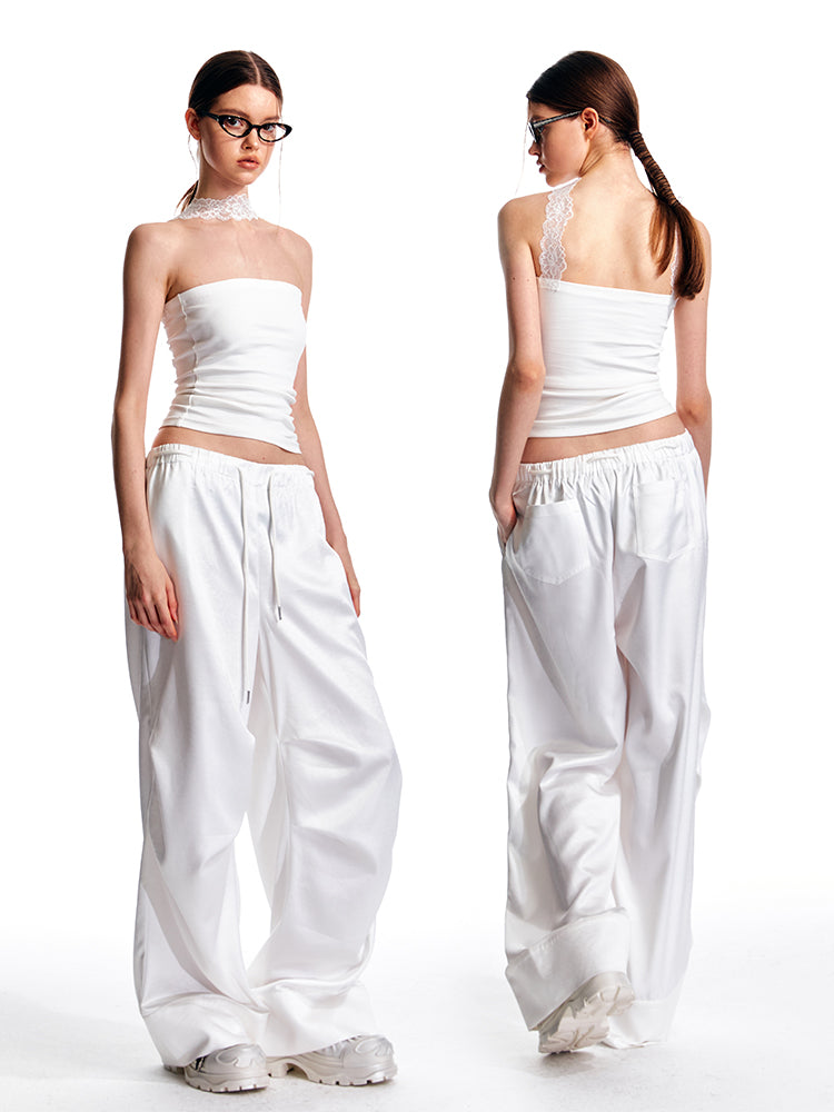 Elastic Waist Glossy Straight Wide Leg Pants