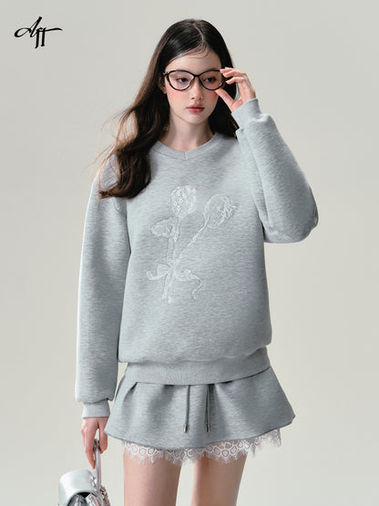 Flower Lace V-Neck Sweatshirt And Matching Skirt