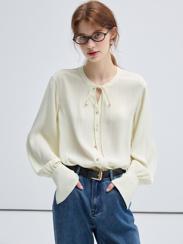 Tie Neck Stripe Chiffon Blouse With Flare Cuffs