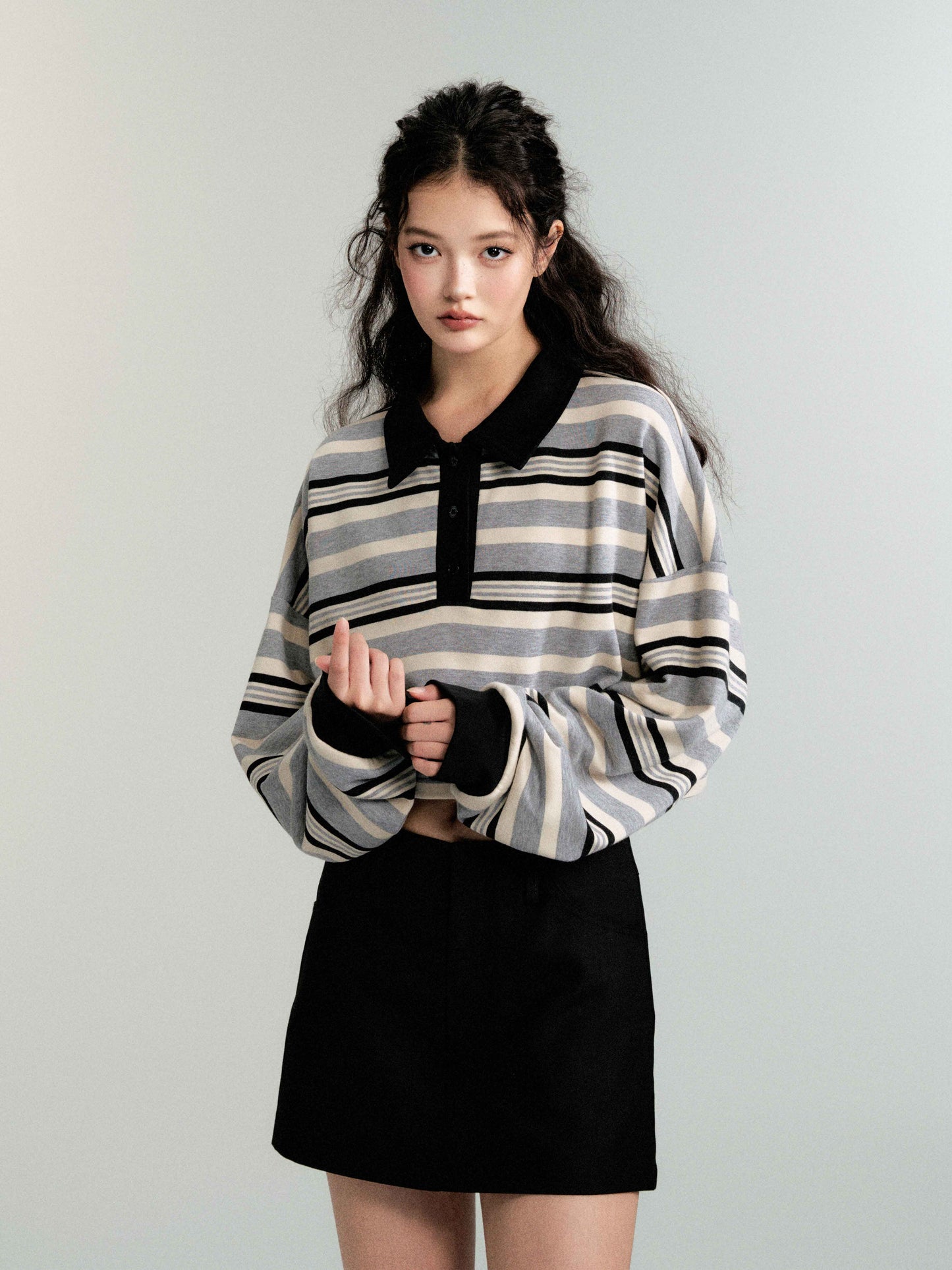 Contrast Color Cropped Stripe Polo Sweatshirt