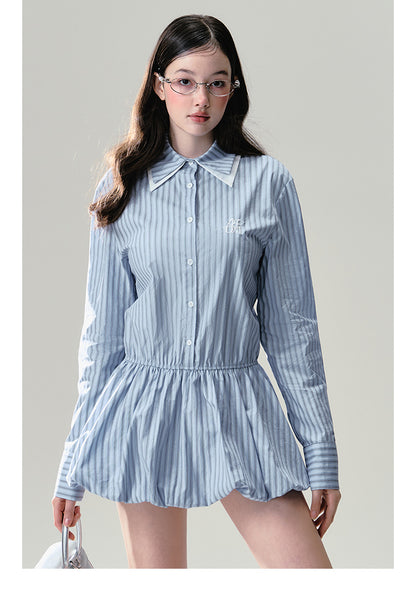 Layered Collar Glitter Striped Balloon Shirt Dress