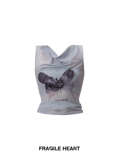 Butterfly Letter Print Drape Neck Sleeveless Mesh Top