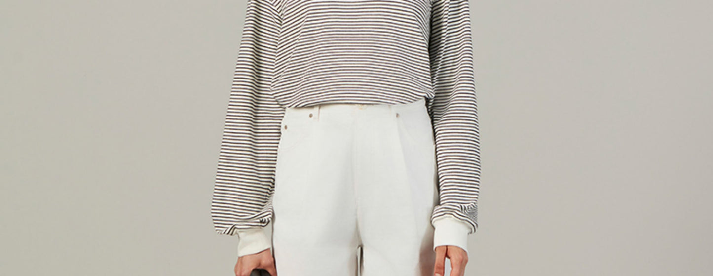 High Neck Elbow Patch Striped Shirt