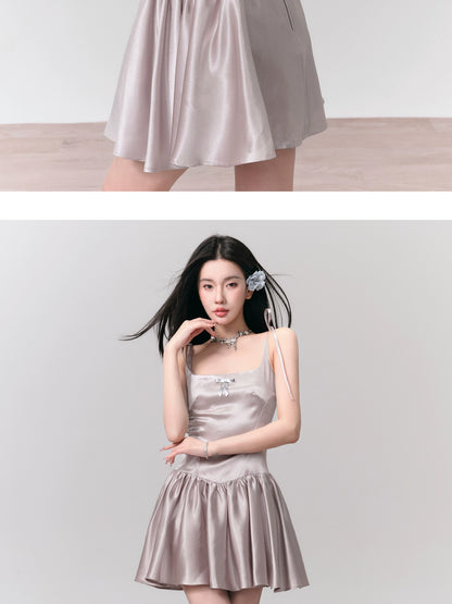 Satin Flowy Short Dress With Removable Faux Leather Bow